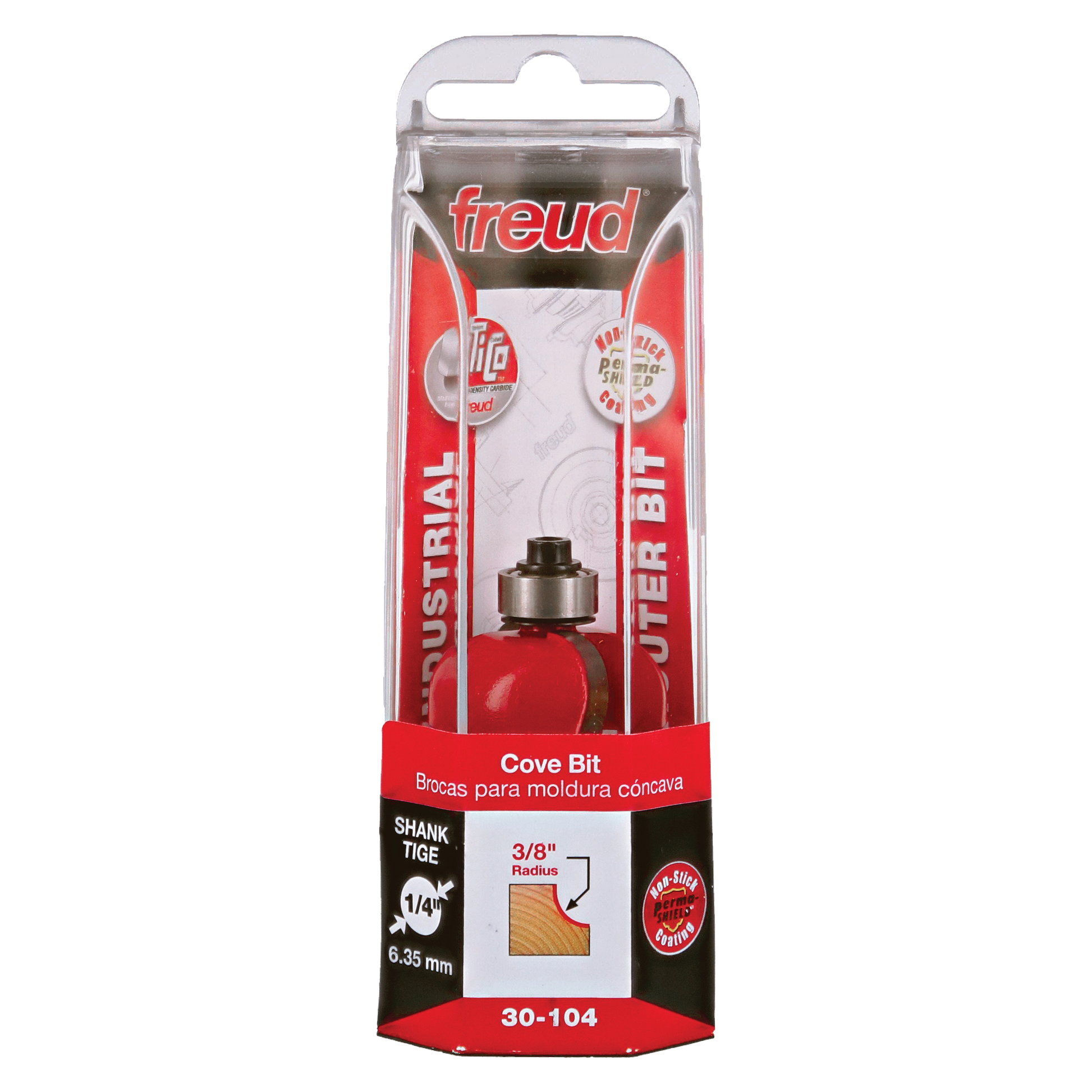 Freud cove bit with red body and metal shank in clear plastic packaging labeled 30-104 with 3/8" radius specification.