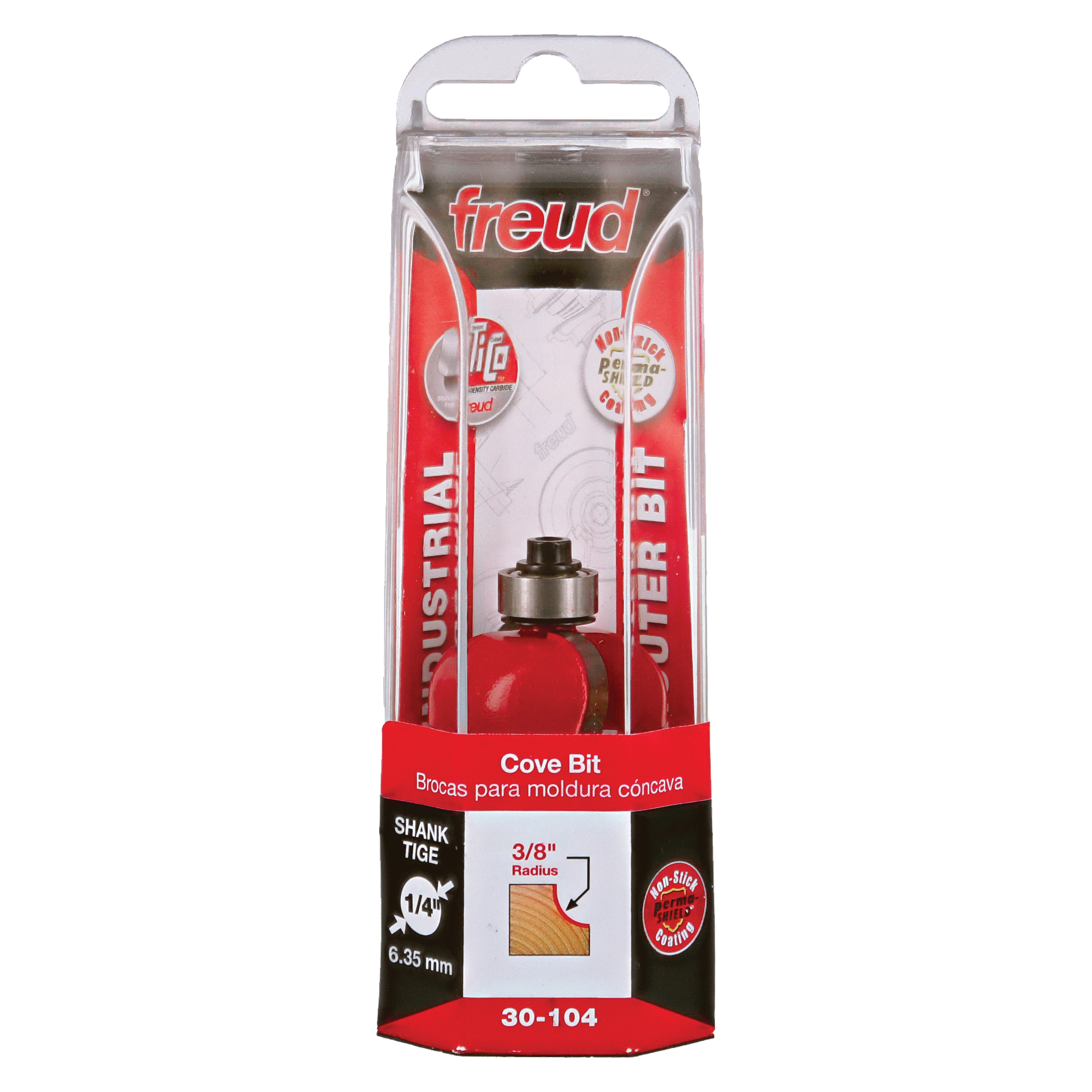 Freud cove bit with red body and metal shank in clear plastic packaging labeled 30-104 with 3/8" radius specification.