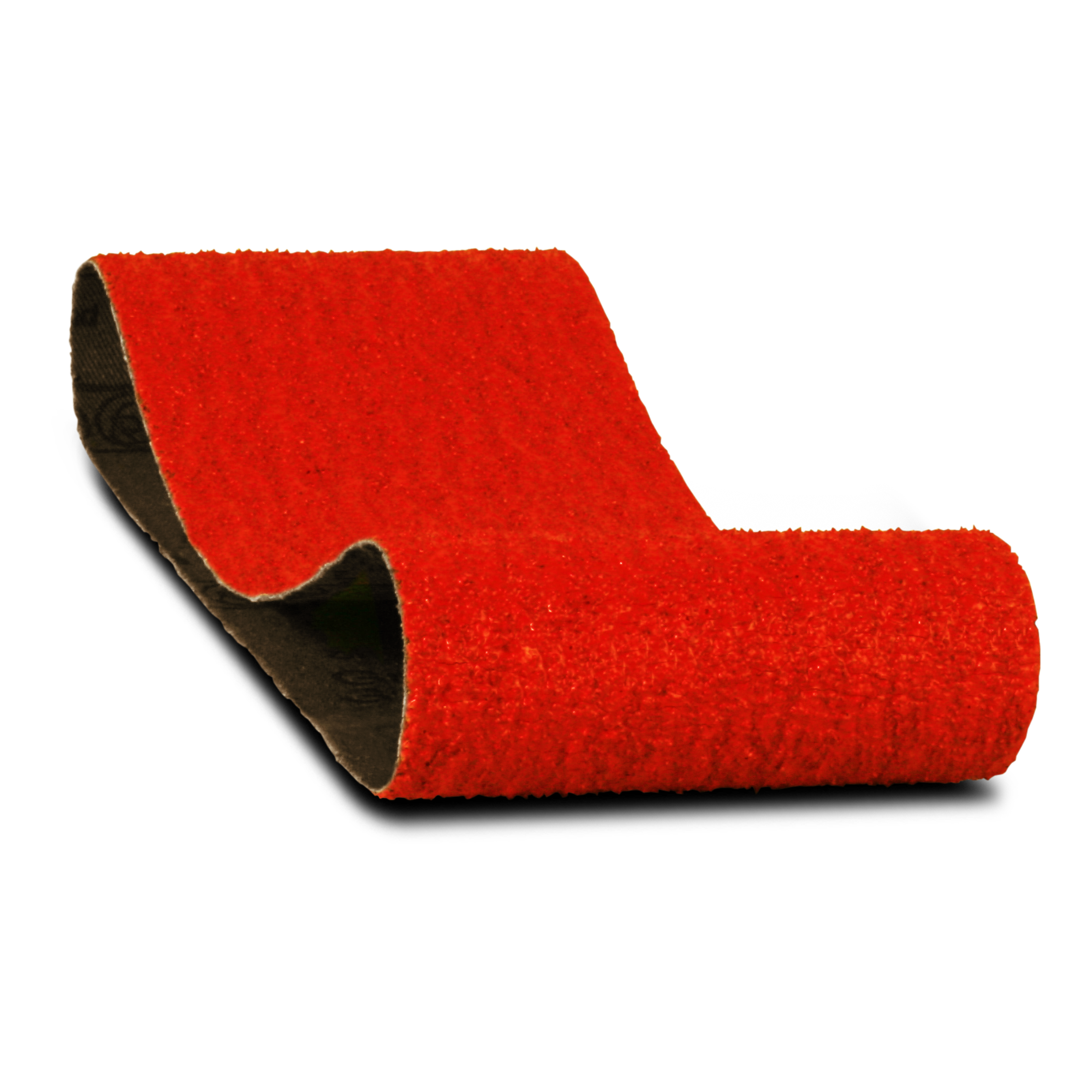 Red sanding belt with black backing, cylindrical form showing textured abrasive surface.