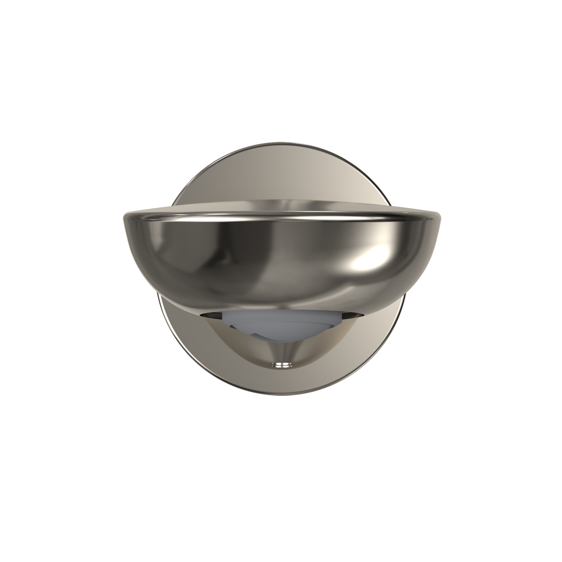 Polished nickel wall-mounted tub spout with curved modern design and water diverter opening.