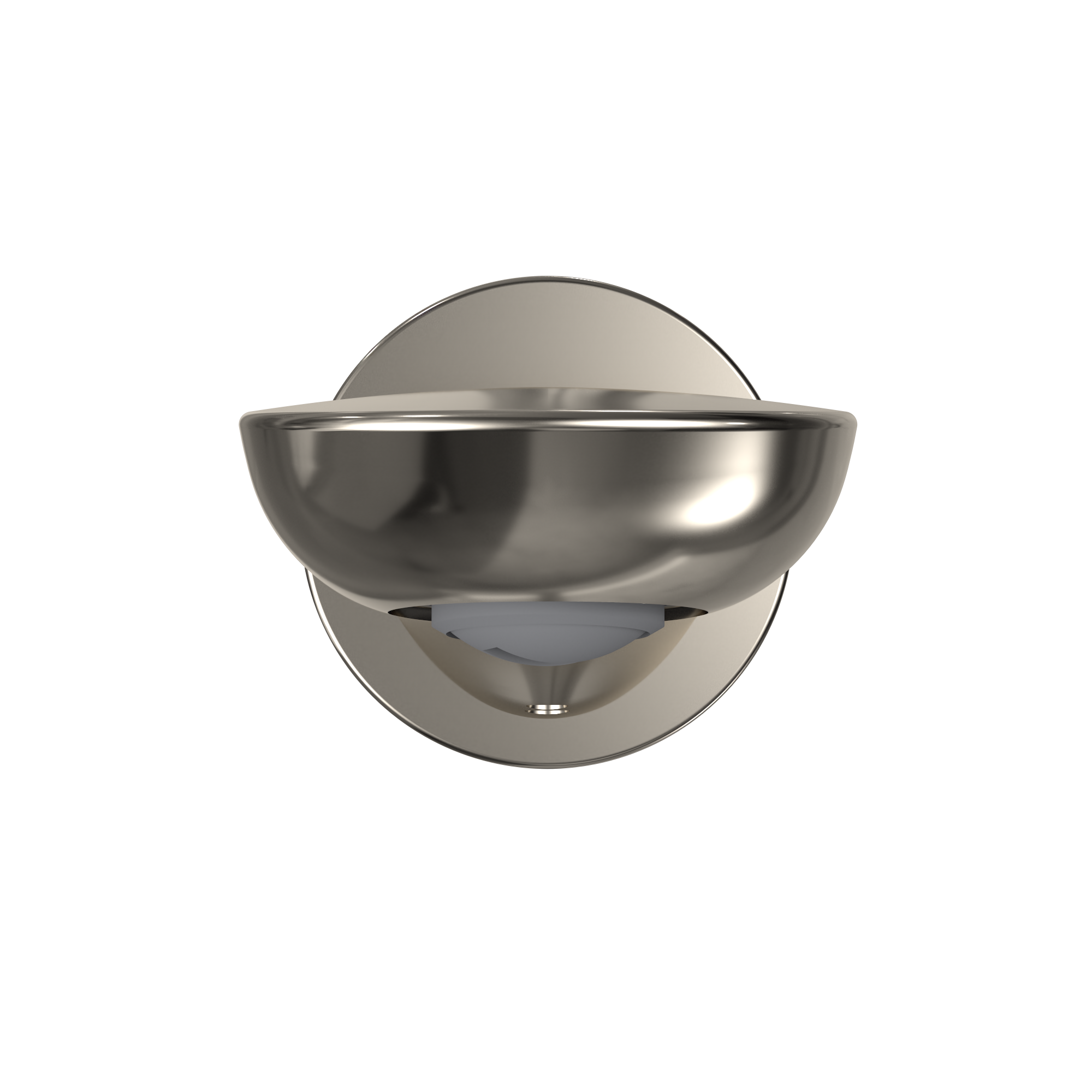Polished nickel wall-mounted tub spout with curved modern design and water diverter opening.