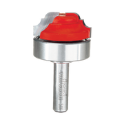 Router bit with red cutting head, silver body, and bearing ring for classical cove and bead grooving.