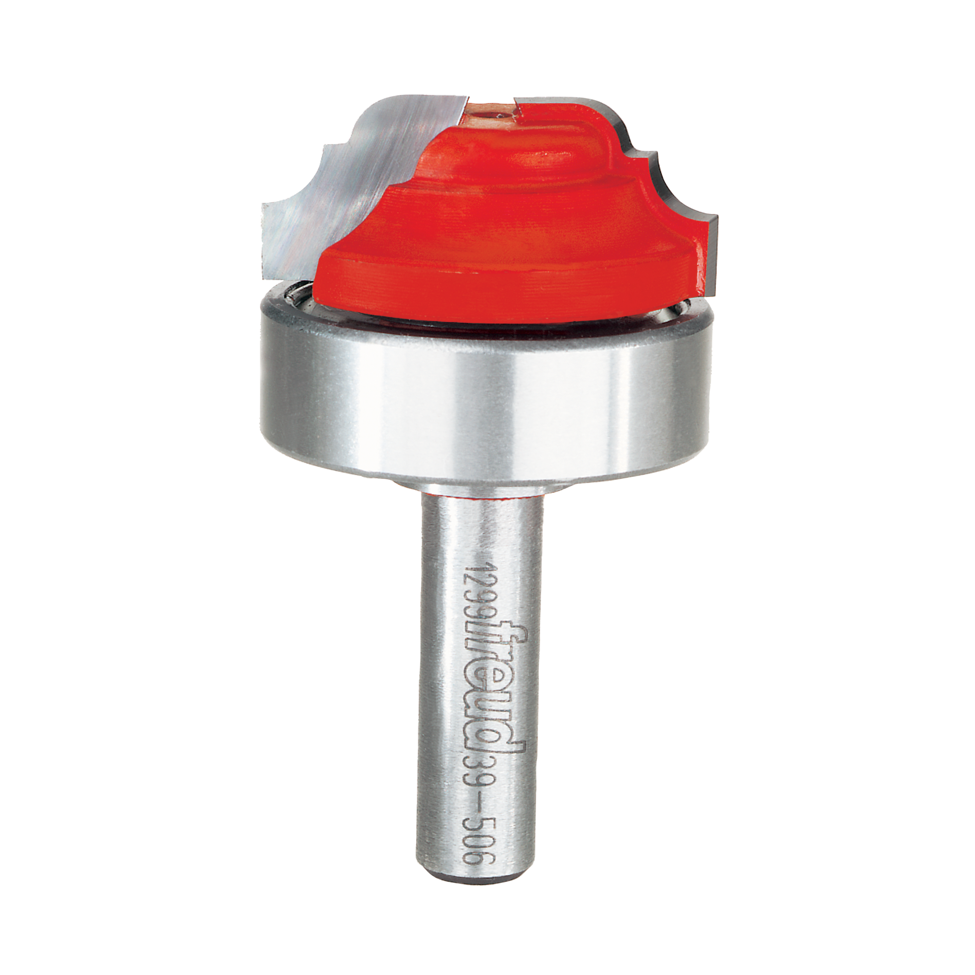 Router bit with red cutting head, silver body, and bearing ring for classical cove and bead grooving.