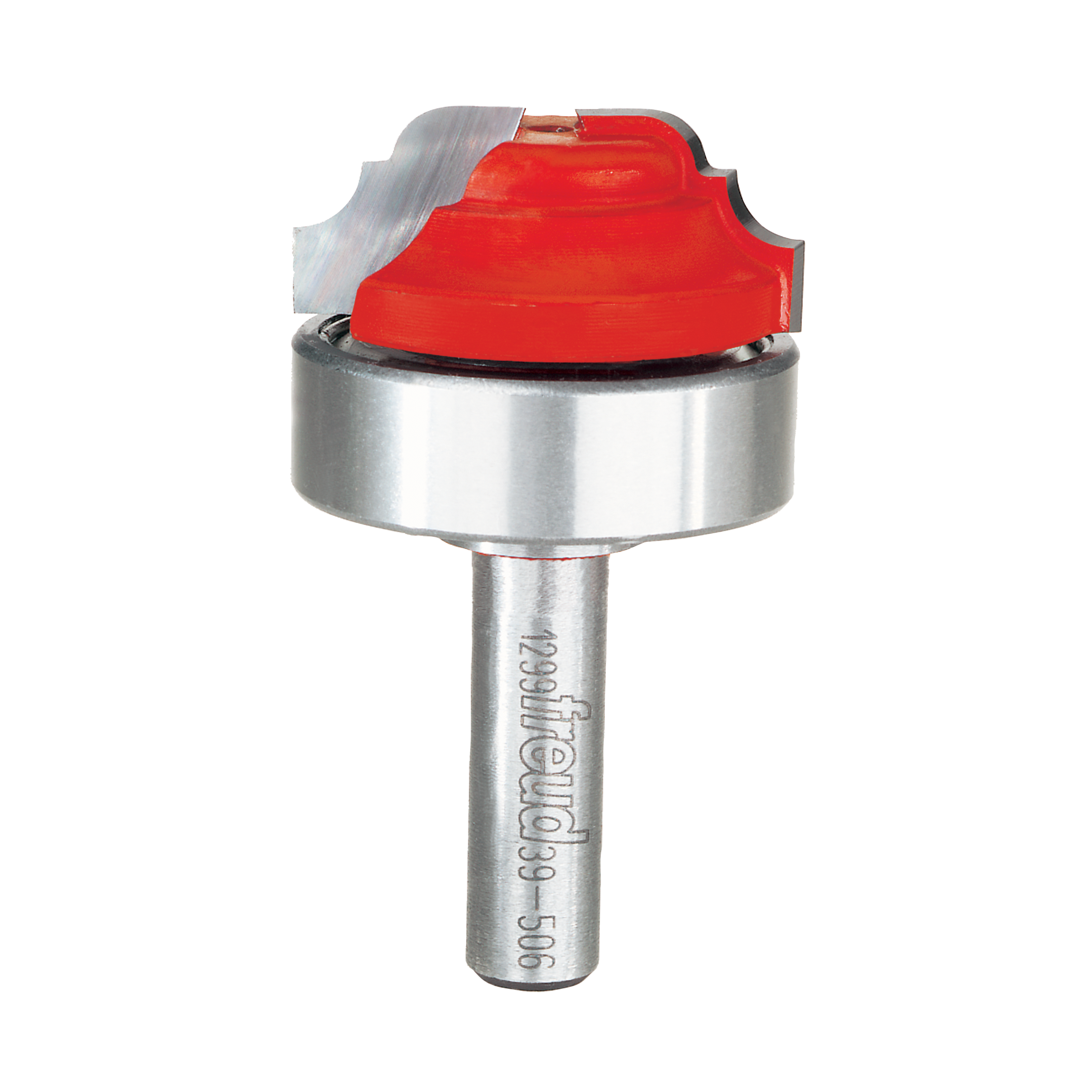 Router bit with red cutting head, silver body, and bearing ring for classical cove and bead grooving.