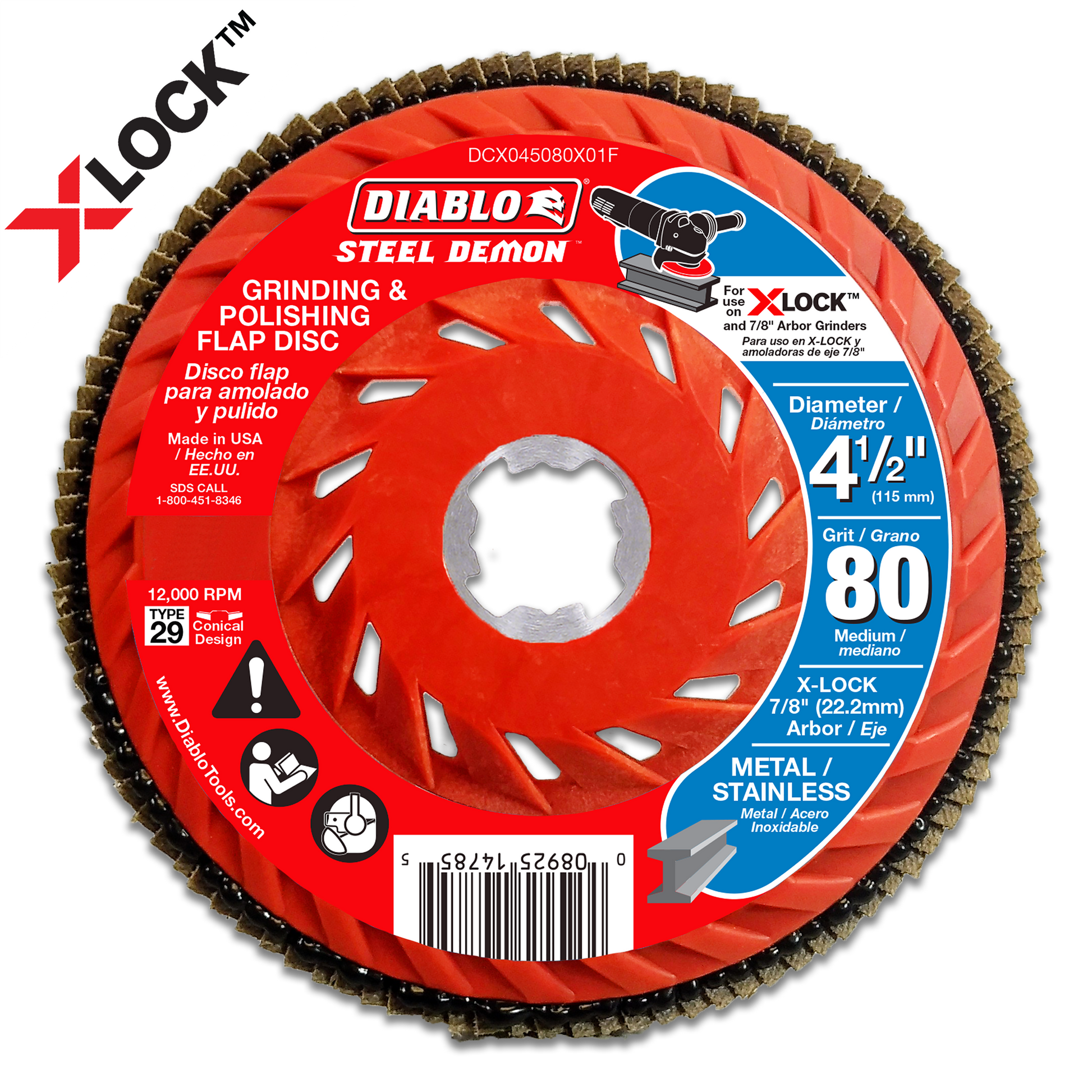 Red Diablo flap disc with 4-1/2 inch diameter and 80-grit abrasive surface for grinding and polishing.