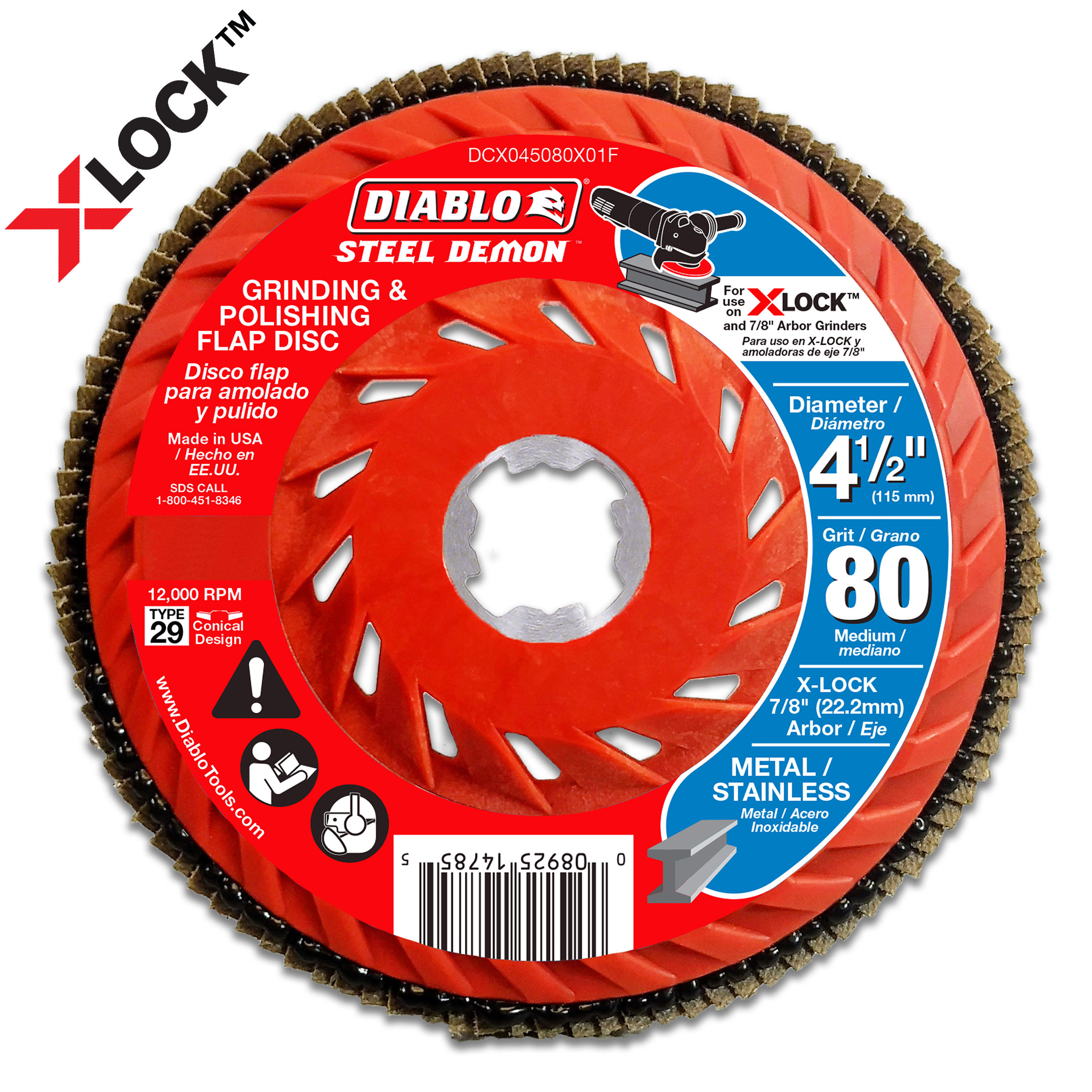 Red Diablo flap disc with 4-1/2 inch diameter and 80-grit abrasive surface for grinding and polishing.