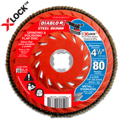Red Diablo Steel Demon flap disc with tan abrasive edge, 4-1/2 inch diameter, X-Lock compatible.