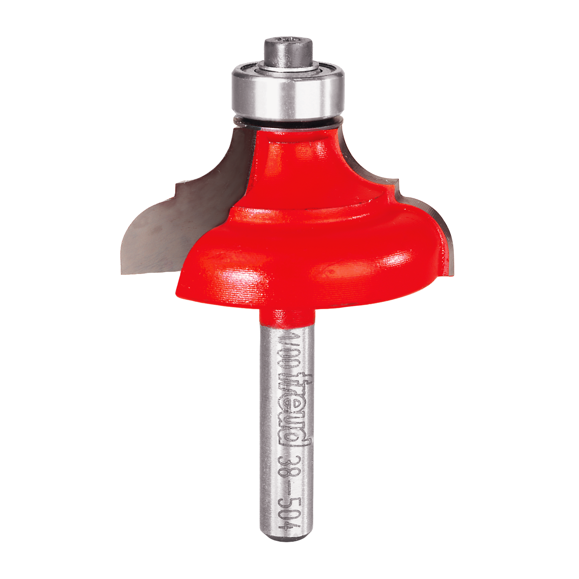Red router bit with rounded cove profile and metal shank and bearing.