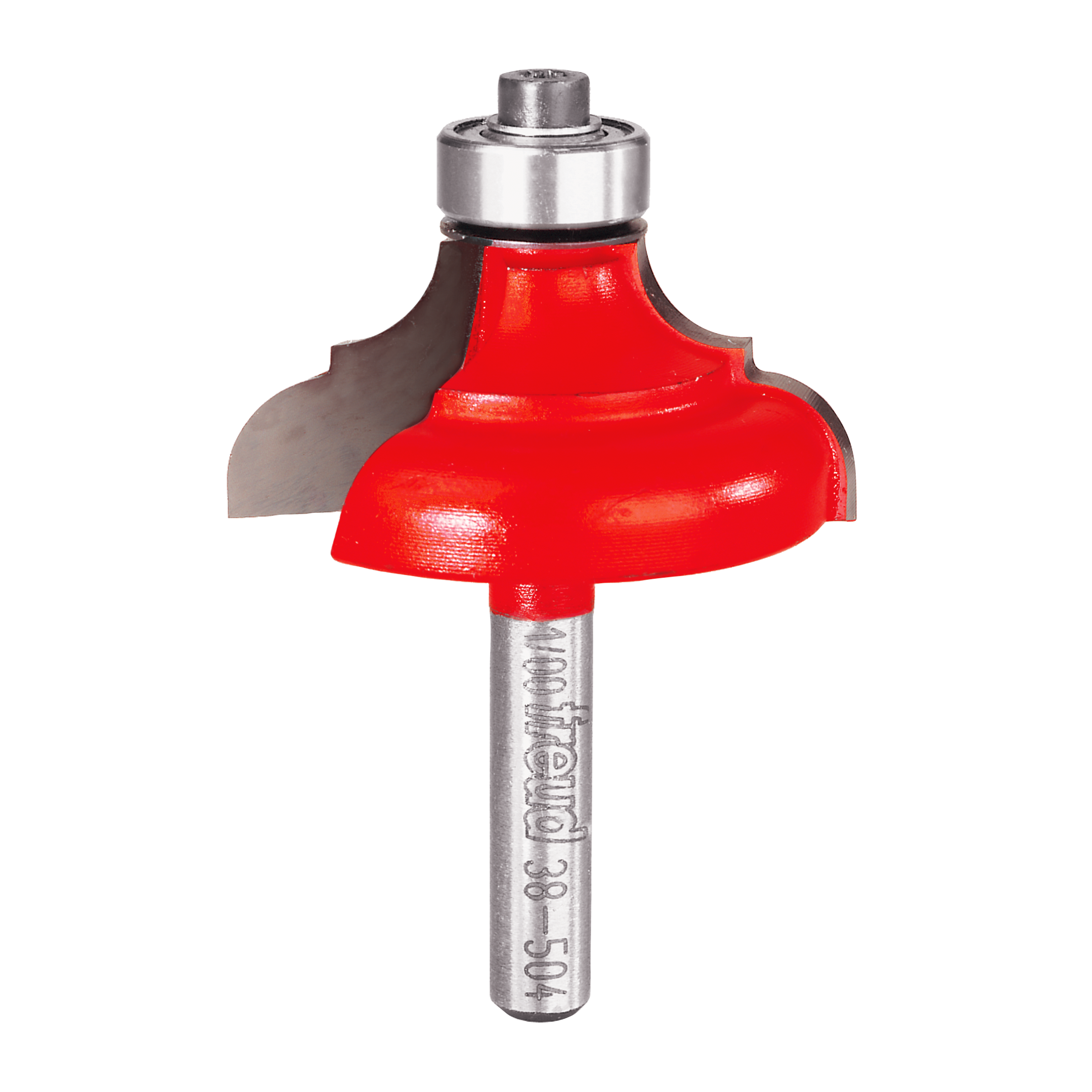Red router bit with rounded cove profile and metal shank and bearing.
