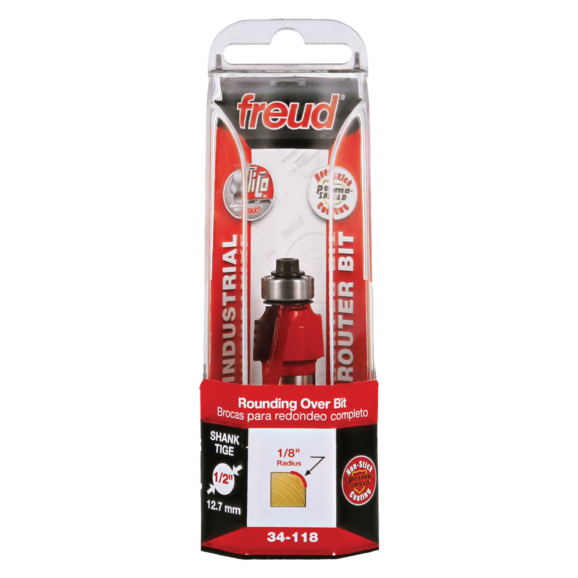 Freud 1/8" radius rounding over bit with red body, metal shank, and 1/2" shank diameter in clear plastic packaging.