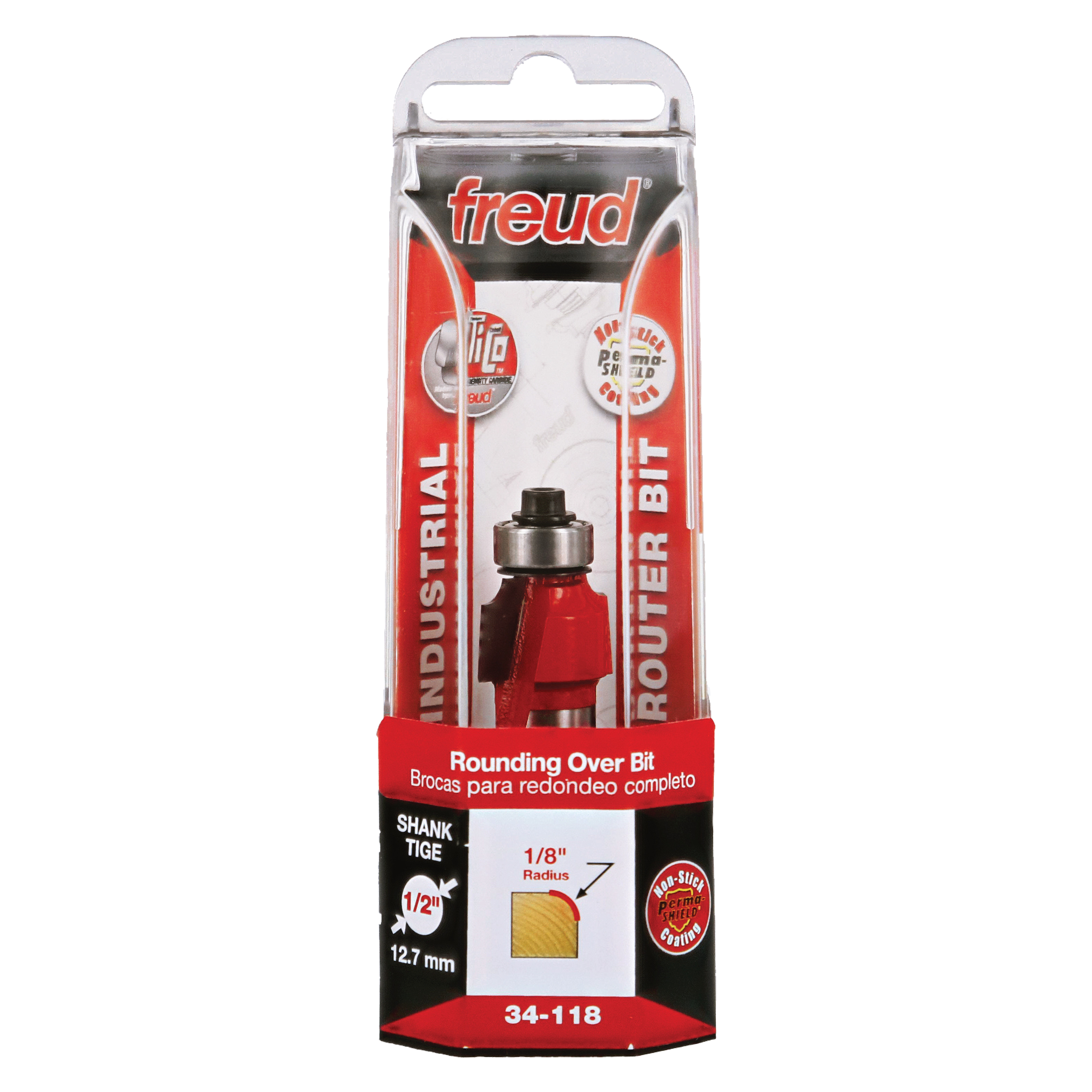 Freud 1/8" radius rounding over bit with red body, metal shank, and 1/2" shank diameter in clear plastic packaging.