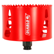 Red cylindrical hole saw with serrated cutting edge and black arbor shaft, Diablo branding visible on side.
