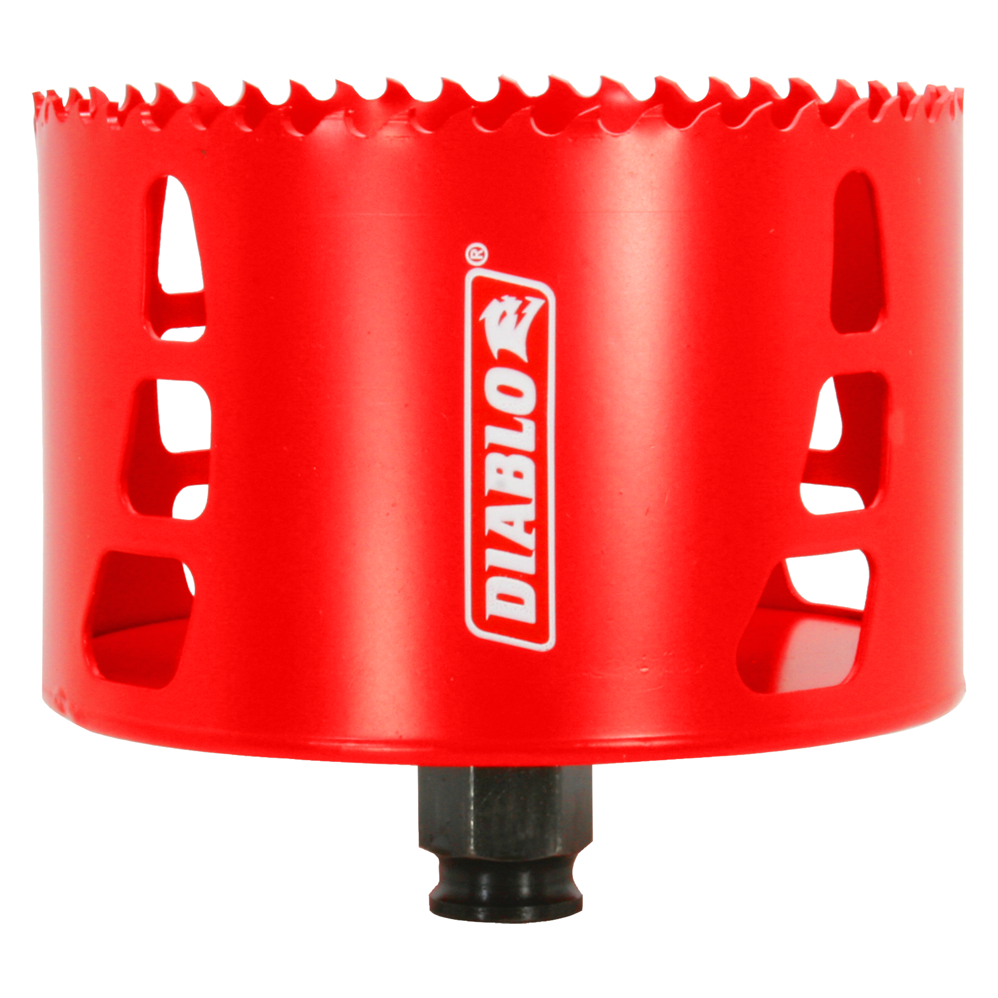 Red cylindrical hole saw with serrated cutting edge and black arbor shaft, Diablo branding visible on side.