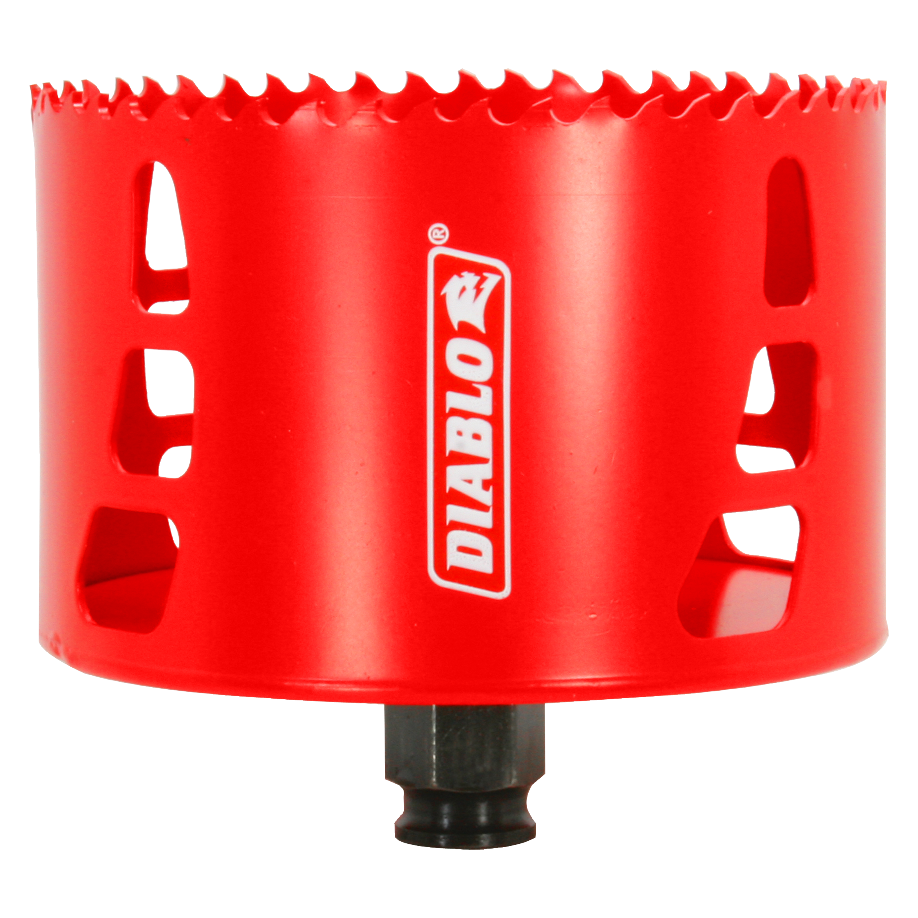 Red cylindrical hole saw with serrated cutting edge and black arbor shaft, Diablo branding visible on side.