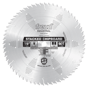 Freud 16" stacked chipboard saw blade with 60 teeth, 1" arbor hole, and silver finish.