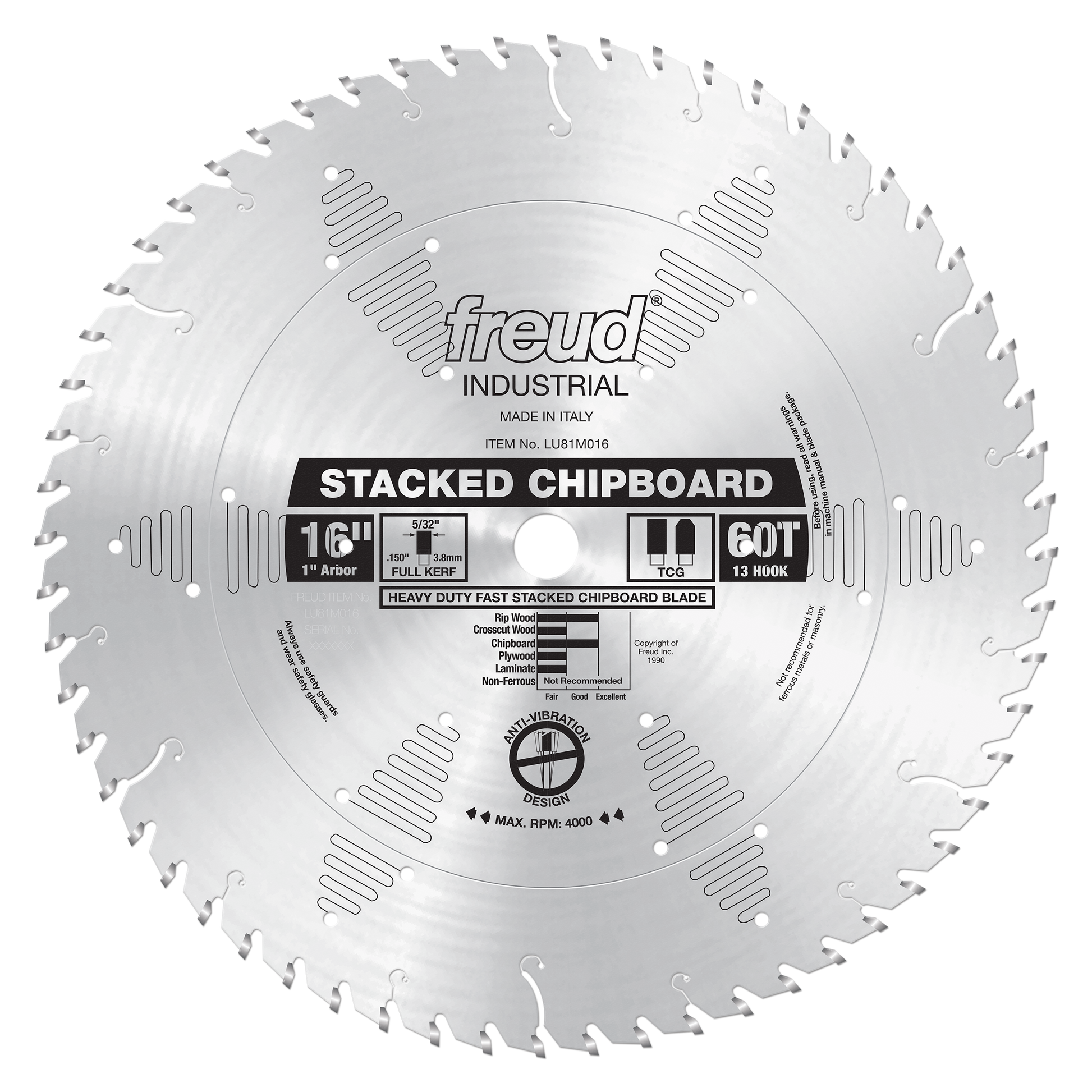 Freud 16" stacked chipboard saw blade with 60 teeth, 1" arbor hole, and silver finish.