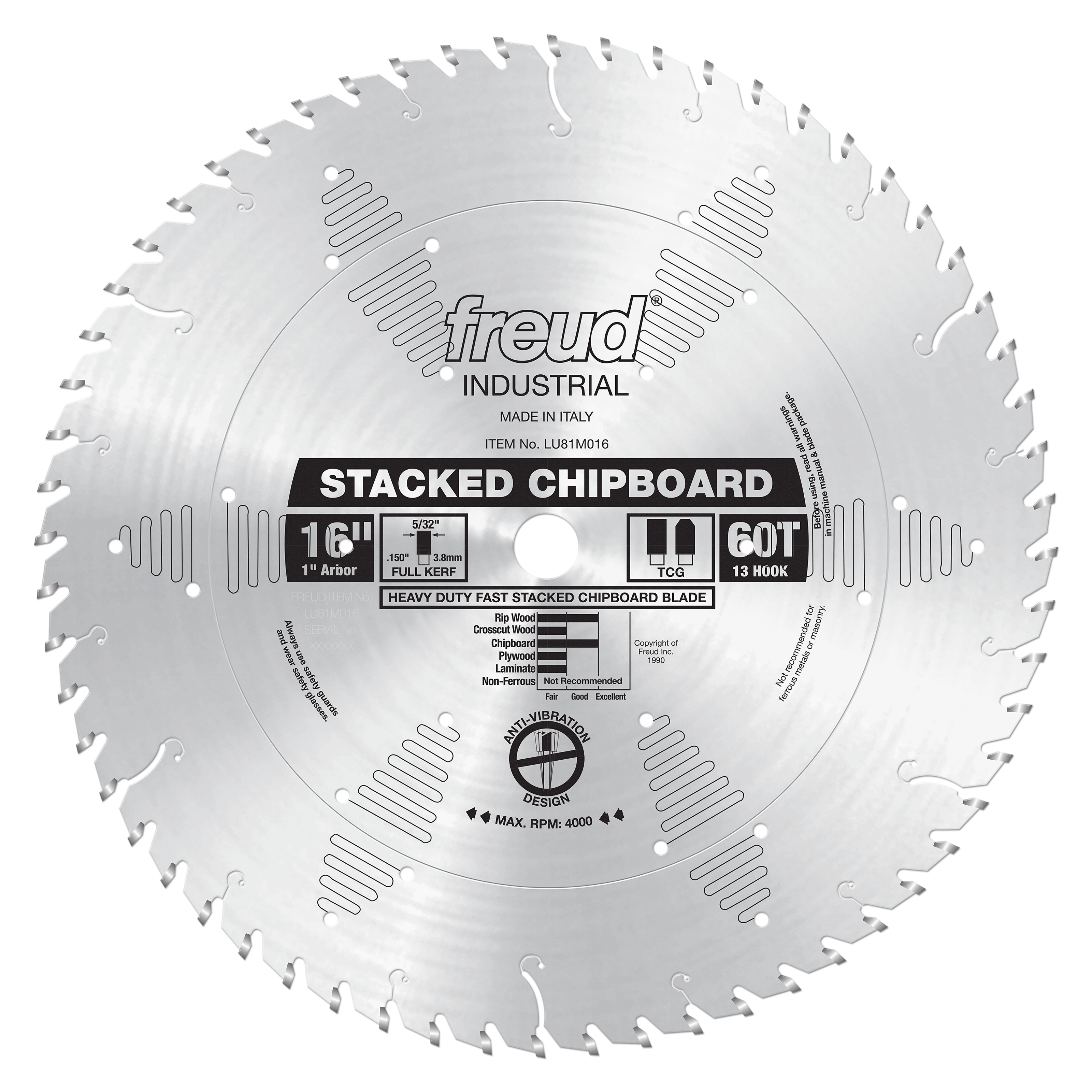 Freud 16" stacked chipboard saw blade with 60 teeth, 1" arbor hole, and silver finish.
