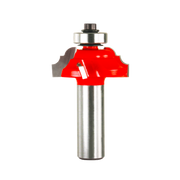 Red and silver cove and bead router bit with ball bearing guide and metal shank.