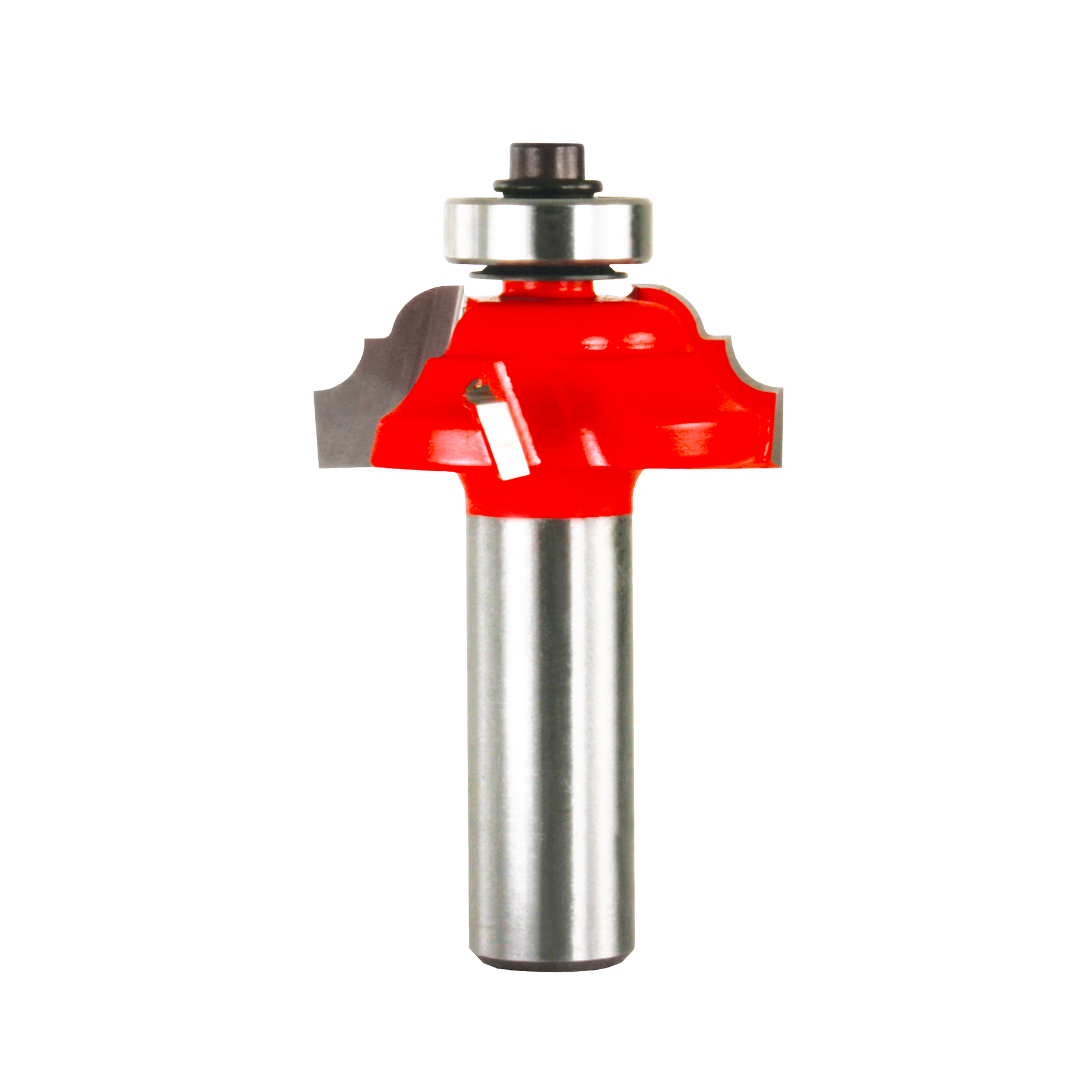 Red and silver cove and bead router bit with ball bearing guide and metal shank.