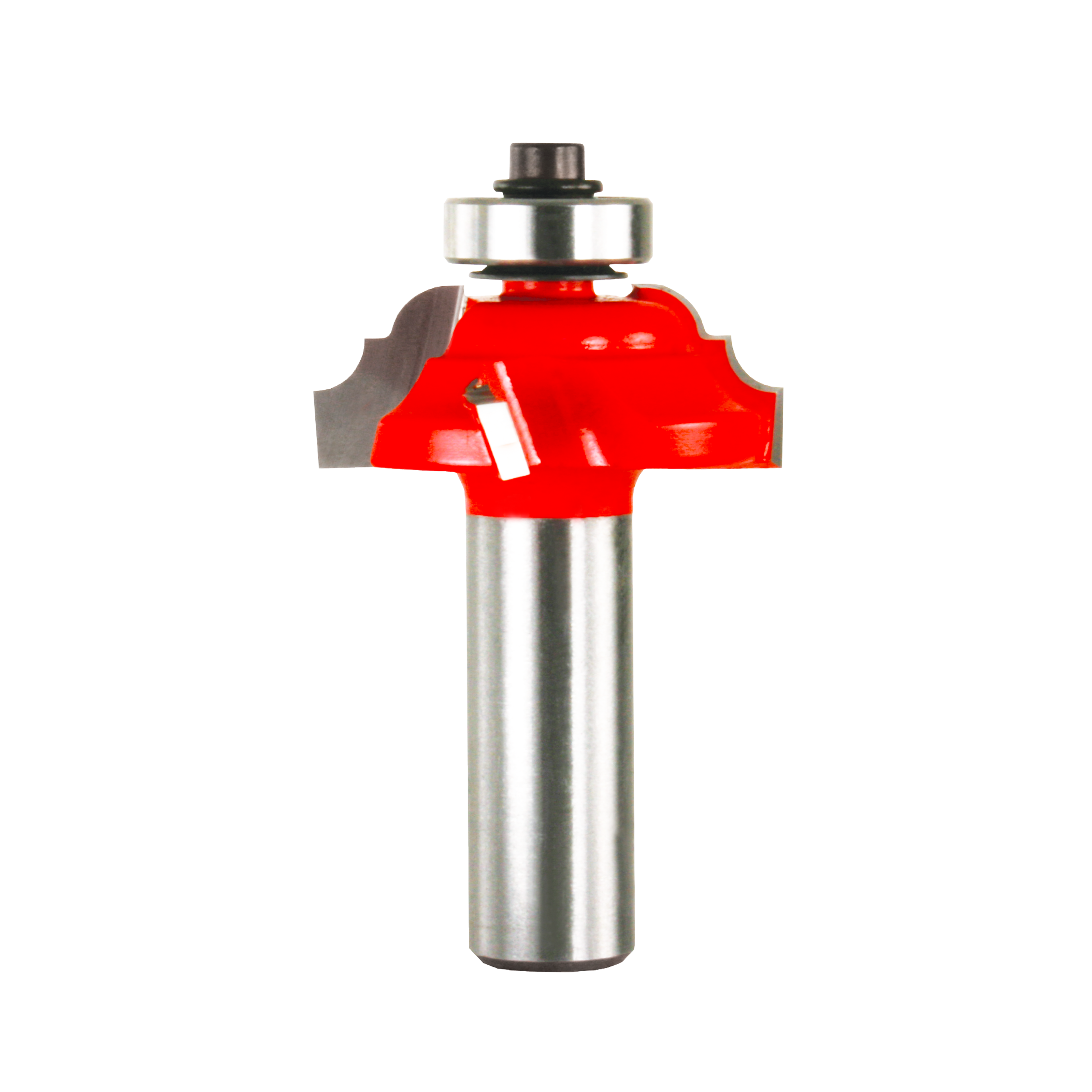 Red and silver cove and bead router bit with ball bearing guide and metal shank.