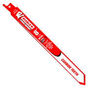 Red 8-inch reciprocating saw blade with carbide teeth and mounting hole at top end.