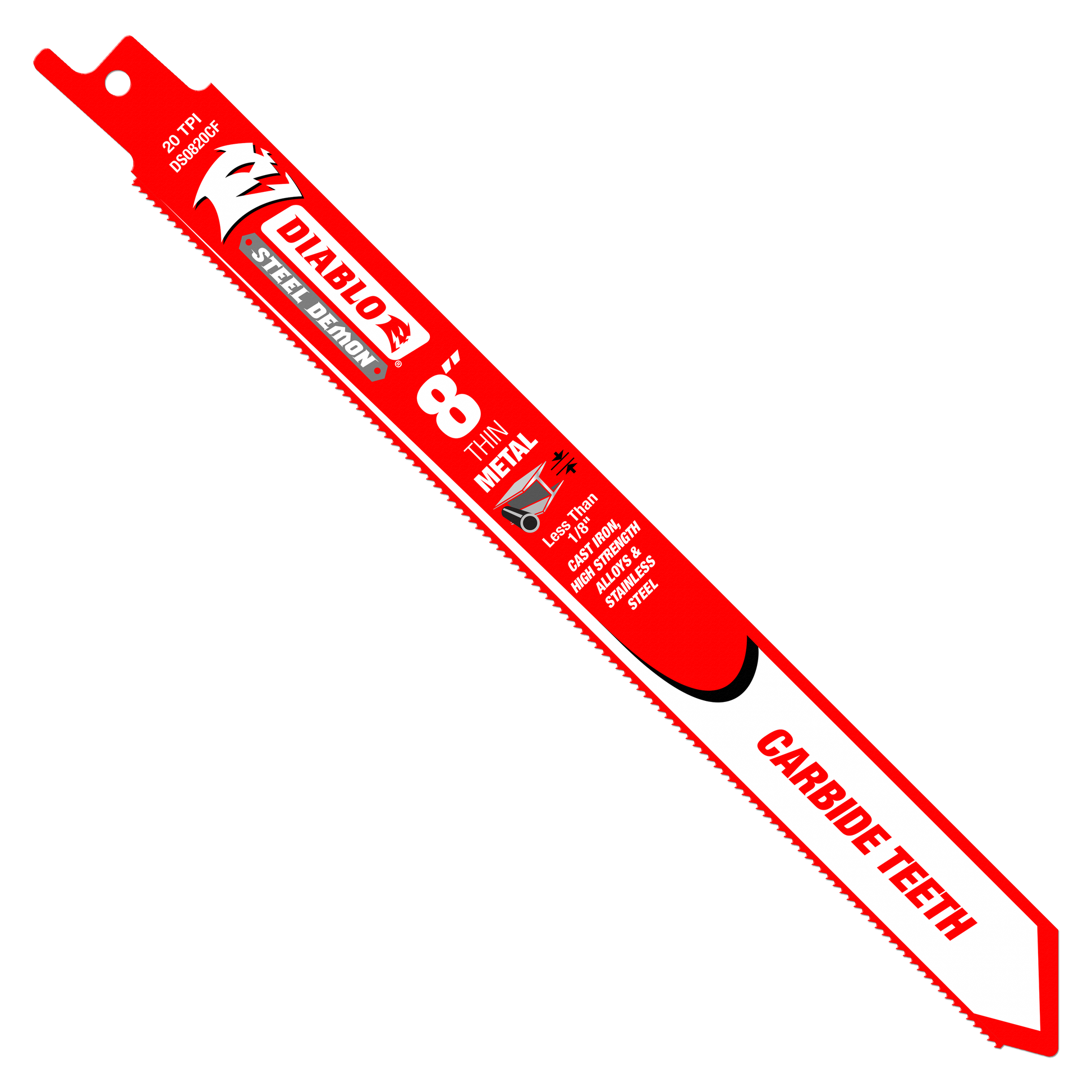 Red 8-inch reciprocating saw blade with carbide teeth and mounting hole at top end.