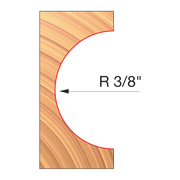 Wood router bit with 3/8" convex radius cutting edge shown in profile against wood grain background.