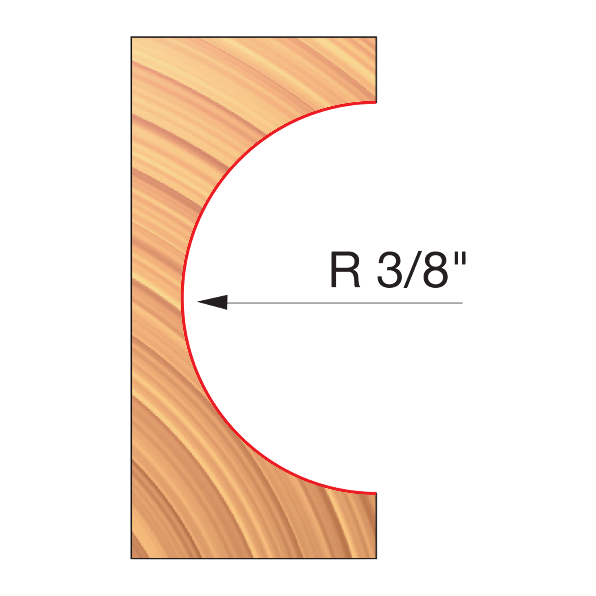 Wood router bit with 3/8" convex radius cutting edge shown in profile against wood grain background.