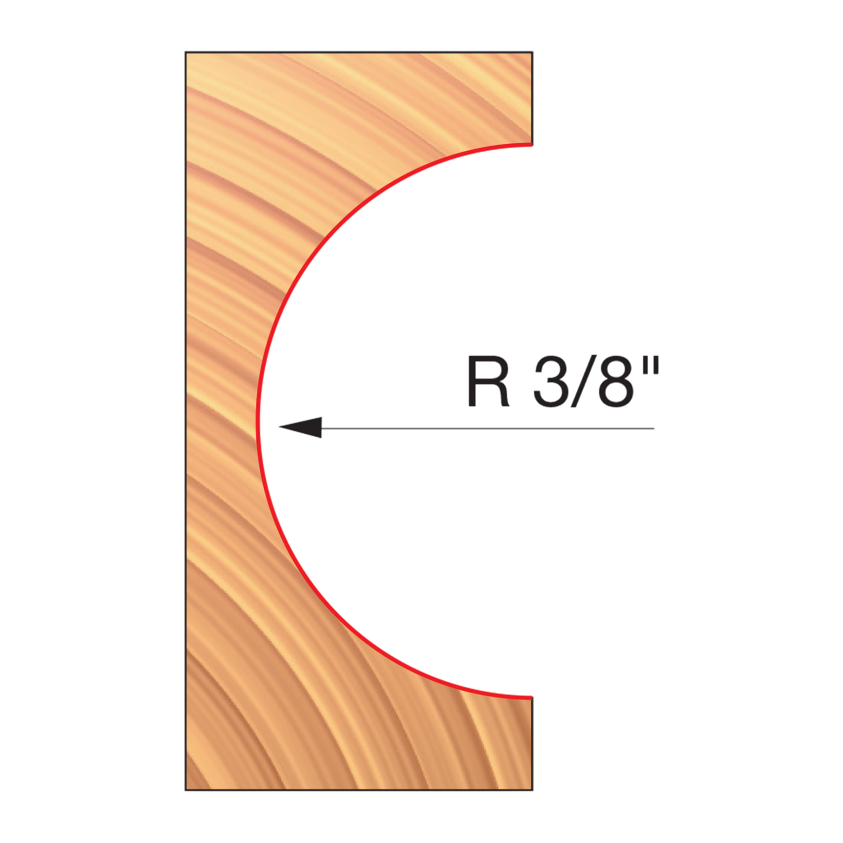 Wood router bit with 3/8" convex radius cutting edge shown in profile against wood grain background.