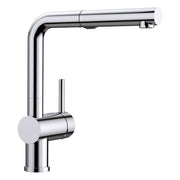 Chrome pull-out kitchen faucet with high curved spout and round handle control.