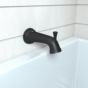 Matte black tub spout with curved outlet and diverter lever mounted on white tile above bathtub.