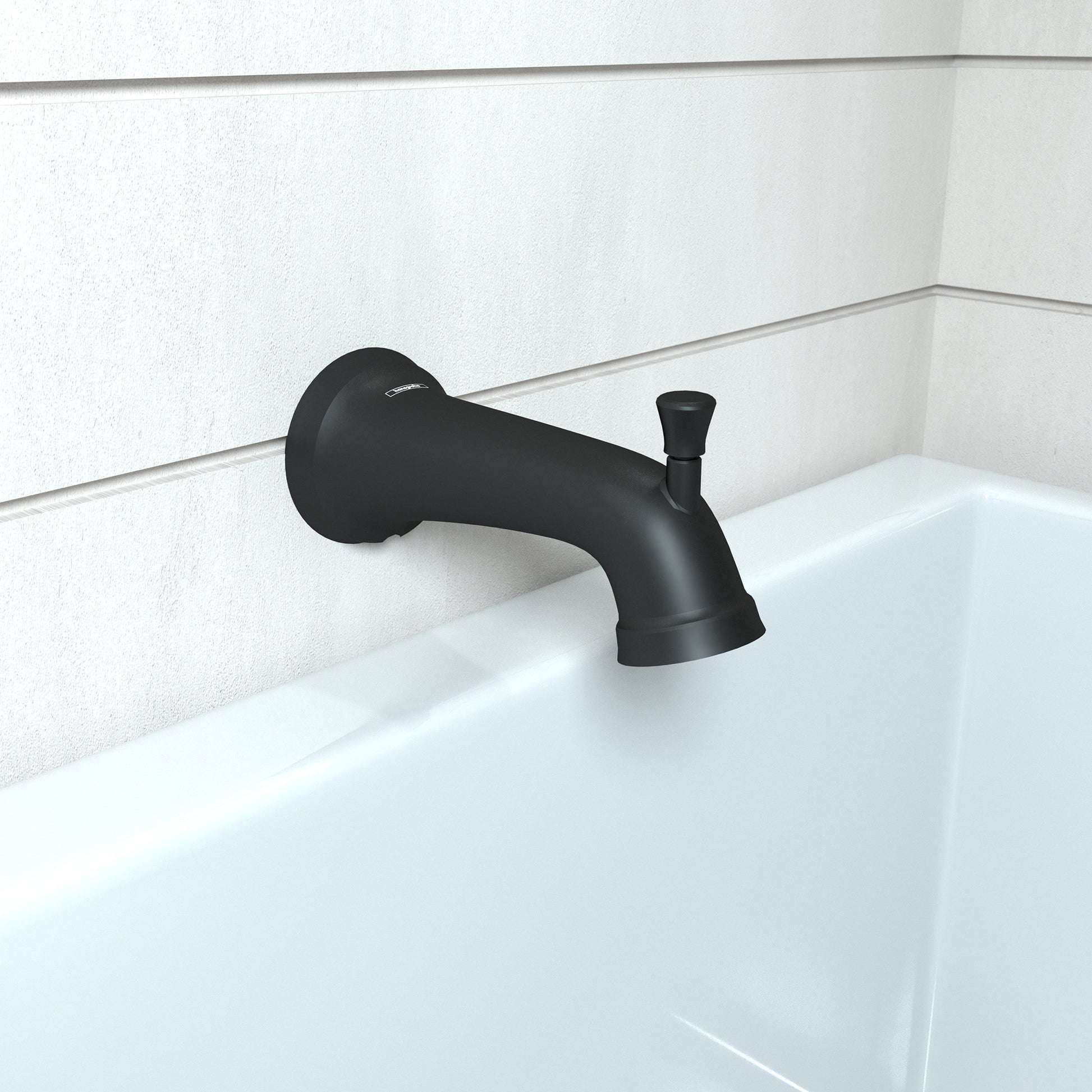 Matte black tub spout with curved outlet and diverter lever mounted on white tile above bathtub.