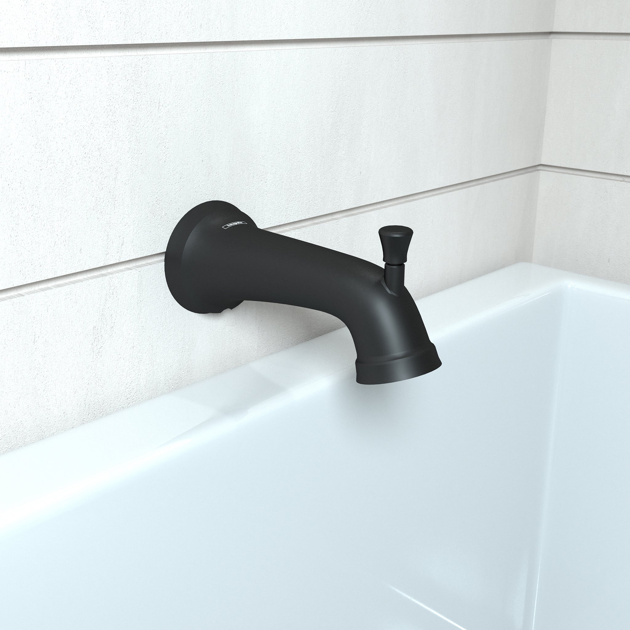 Matte black tub spout with curved outlet and diverter lever mounted on white tile above bathtub.