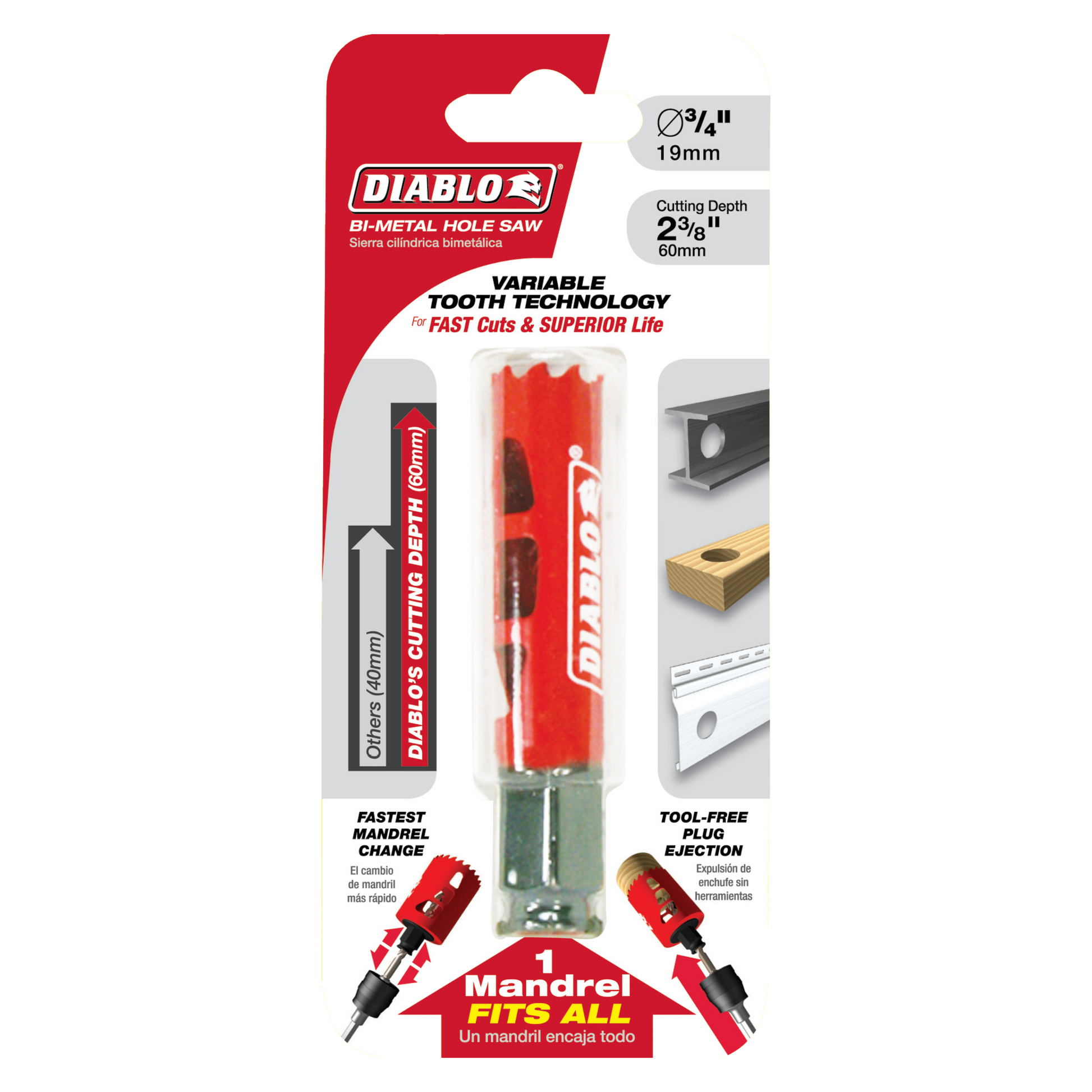 Diablo 3/4 inch bi-metal hole saw with red cutting head, green arbor, and quick-change mandrel attachment system.