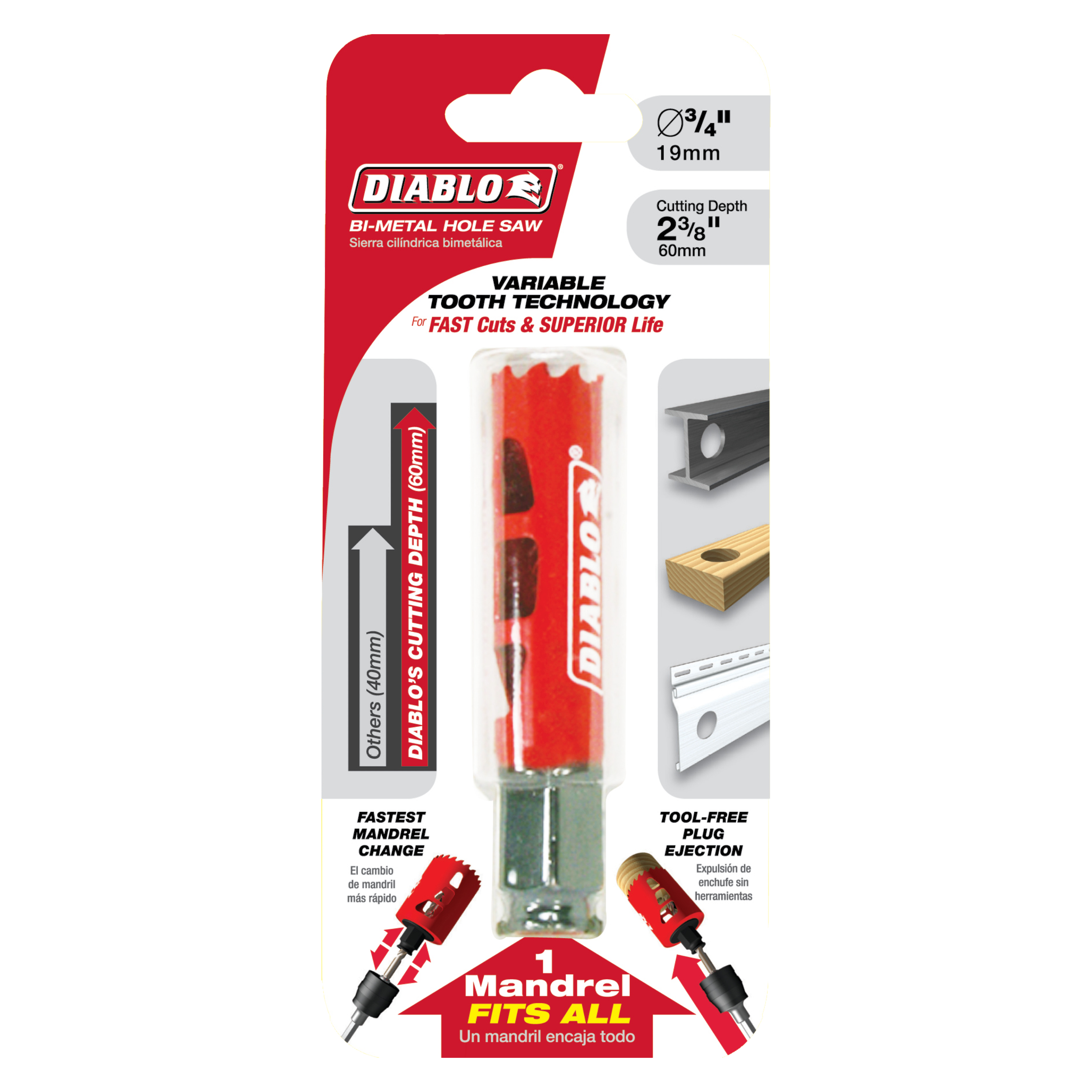 Diablo 3/4 inch bi-metal hole saw with red cutting head, green arbor, and quick-change mandrel attachment system.