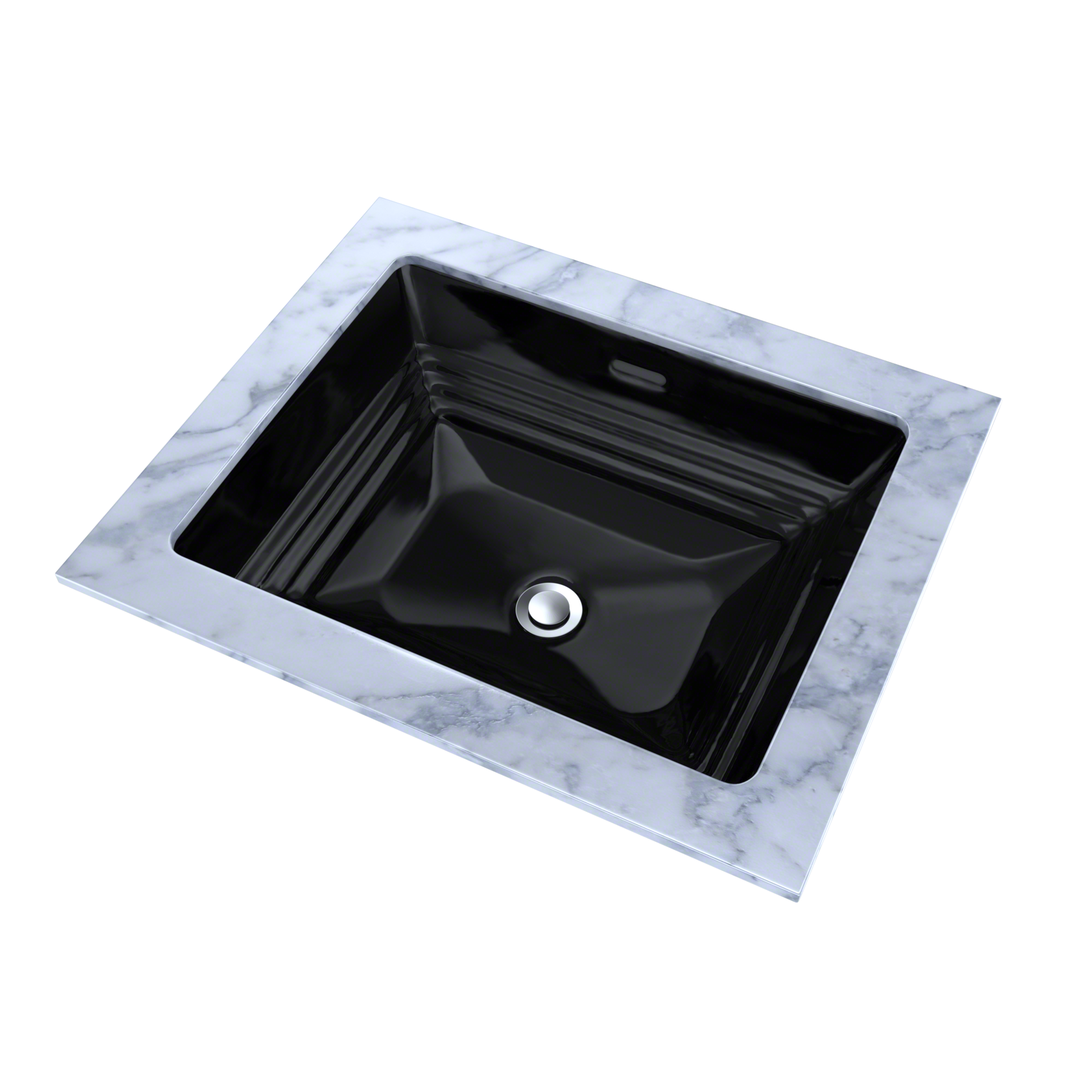 Black rectangular undermount sink with ribbed interior set into white marble countertop with chrome drain.