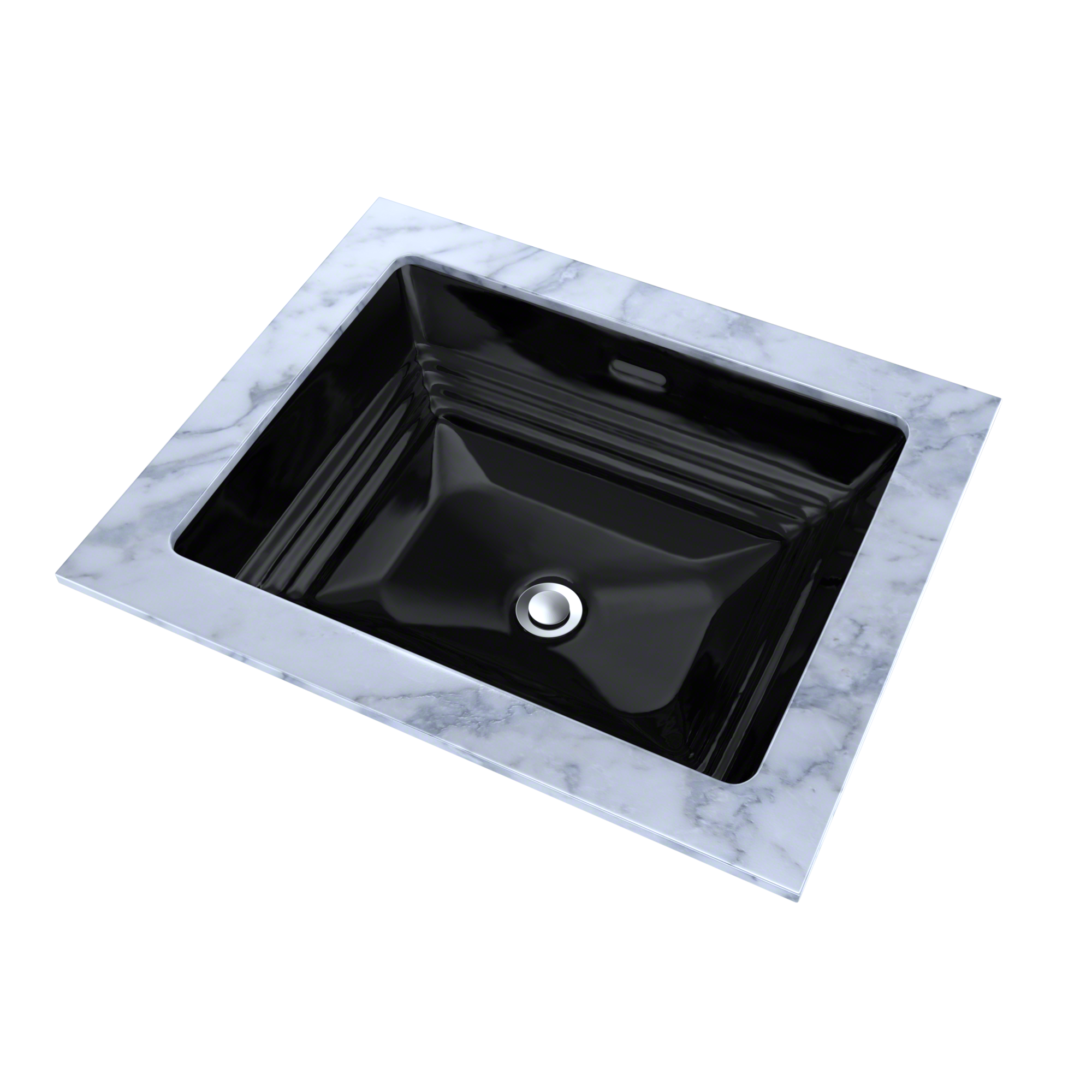 Black rectangular undermount sink with ribbed interior set into white marble countertop with chrome drain.