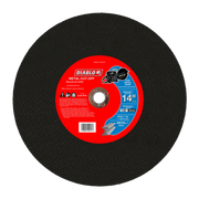 Black circular metal cut-off disc with red center label, 14 inch diameter, 1 inch arbor hole.