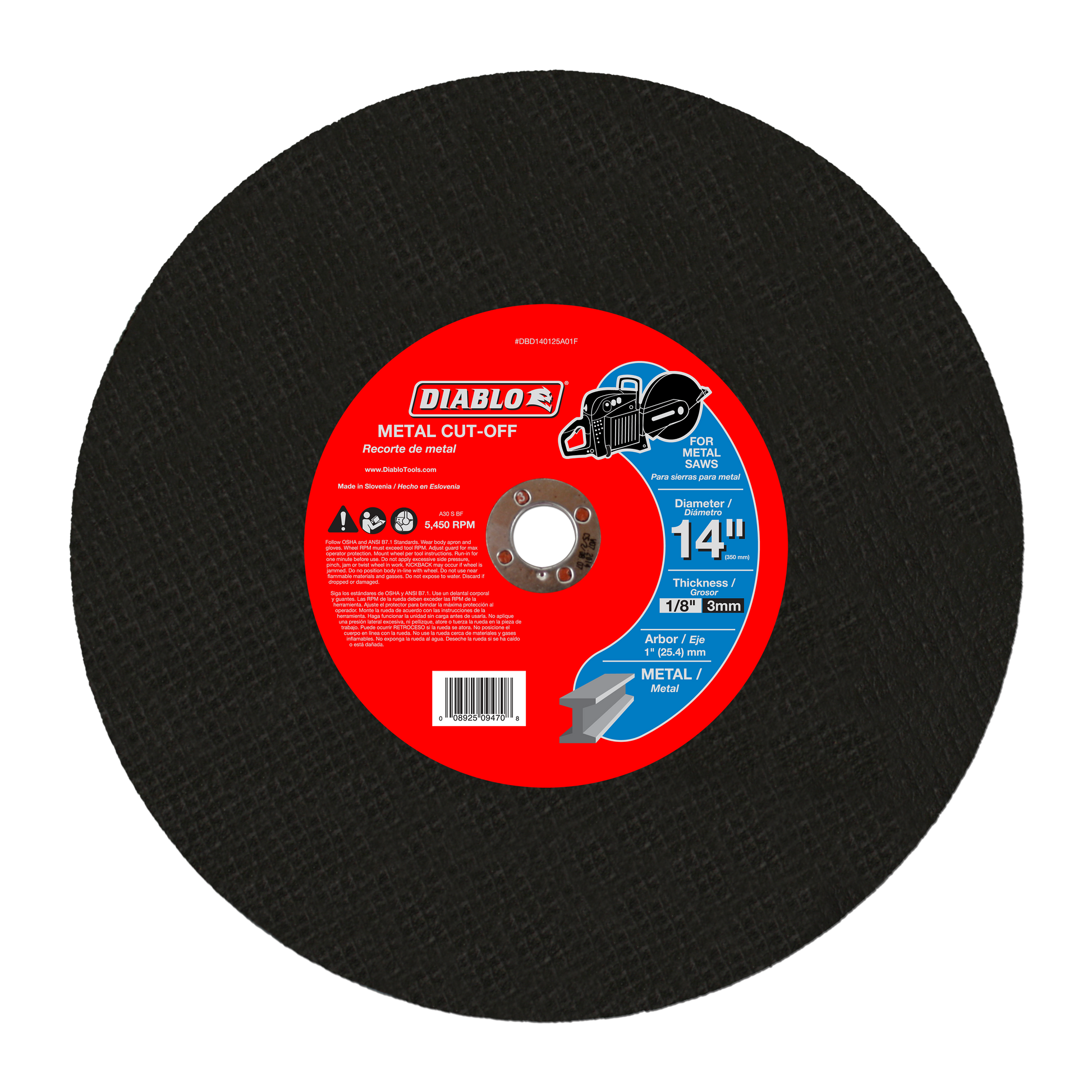 Black circular metal cut-off disc with red center label, 14 inch diameter, 1 inch arbor hole.