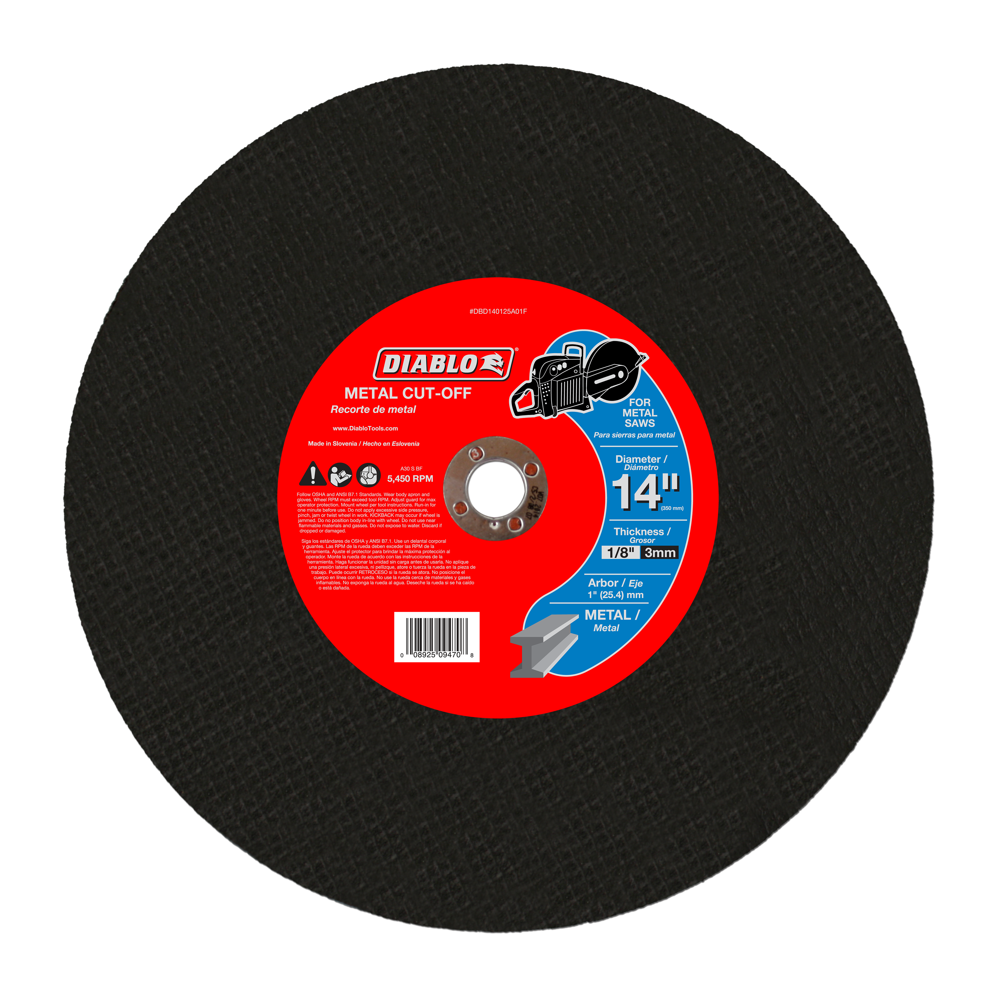 Black circular metal cut-off disc with red center label, 14 inch diameter, 1 inch arbor hole.