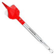 Red and silver spade bit with serrated cutting head and hex shank for drilling into wood.