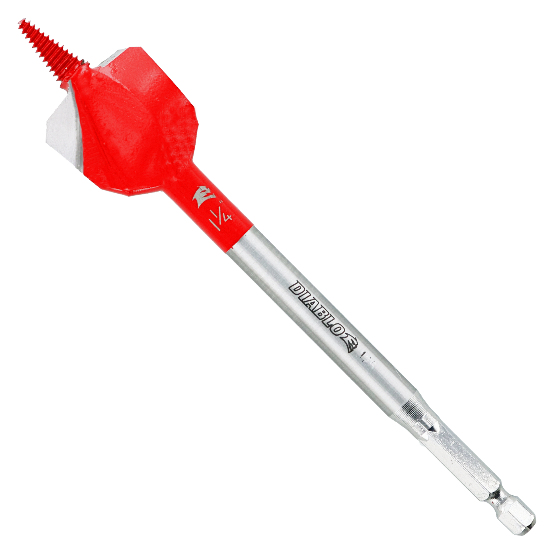 Red and silver spade bit with serrated cutting head and hex shank for drilling into wood.