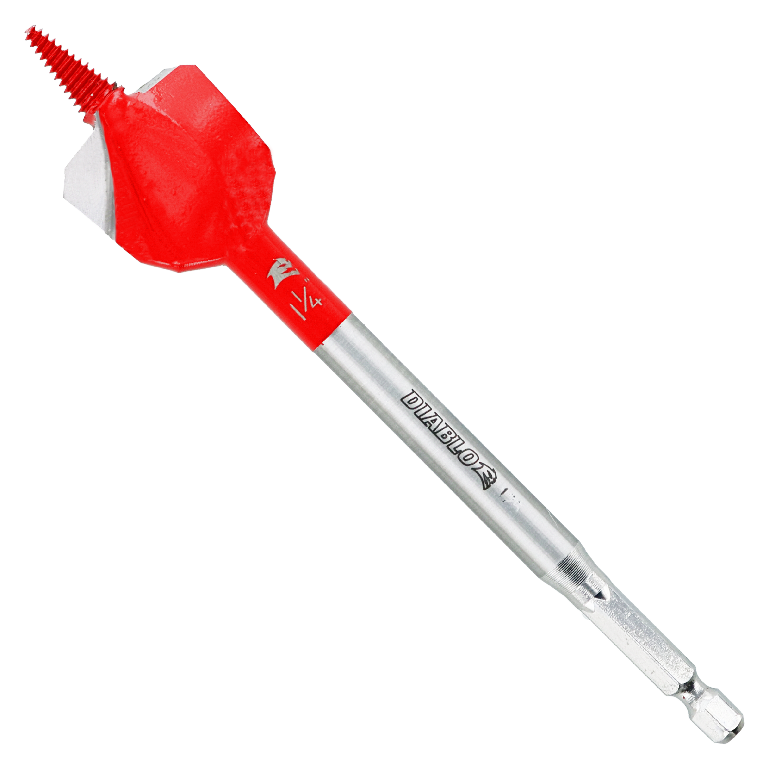 Red and silver spade bit with serrated cutting head and hex shank for drilling into wood.