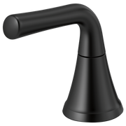 Matte black lever handle with conical base and curved arm design for faucet installation.