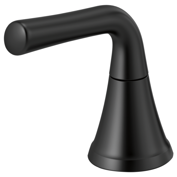 Matte black lever handle with conical base and curved arm design for faucet installation.
