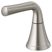 Stainless steel faucet handle with curved lever arm and conical base in brushed finish.