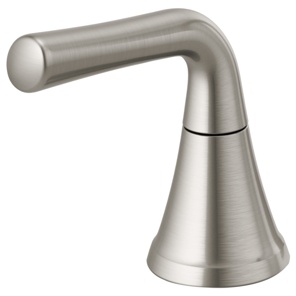 Stainless steel faucet handle with curved lever arm and conical base in brushed finish.
