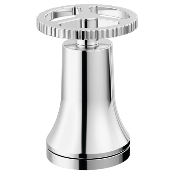 Chrome handle kit with grooved wheel-shaped top and tapered bell-shaped base for Delta Trinsic faucet.