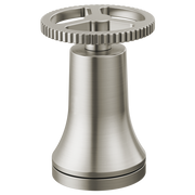 Stainless steel faucet handle kit with knurled wheel grip and conical base in brushed finish.