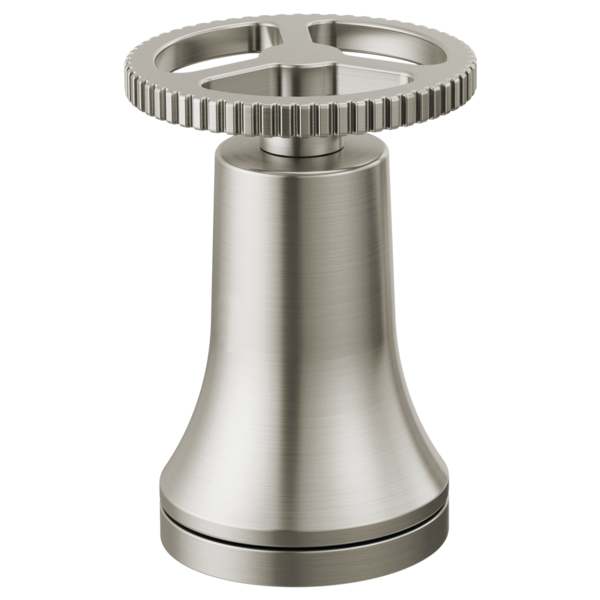 Stainless steel faucet handle kit with knurled wheel grip and conical base in brushed finish.